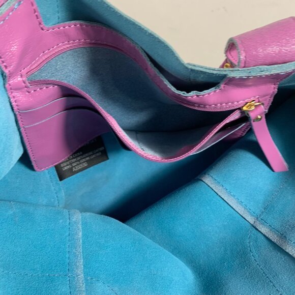 B Makowsky Purple Patent Leather Teal Suede Trim Tote Handbag Weekender Bag - Picture 8 of 14